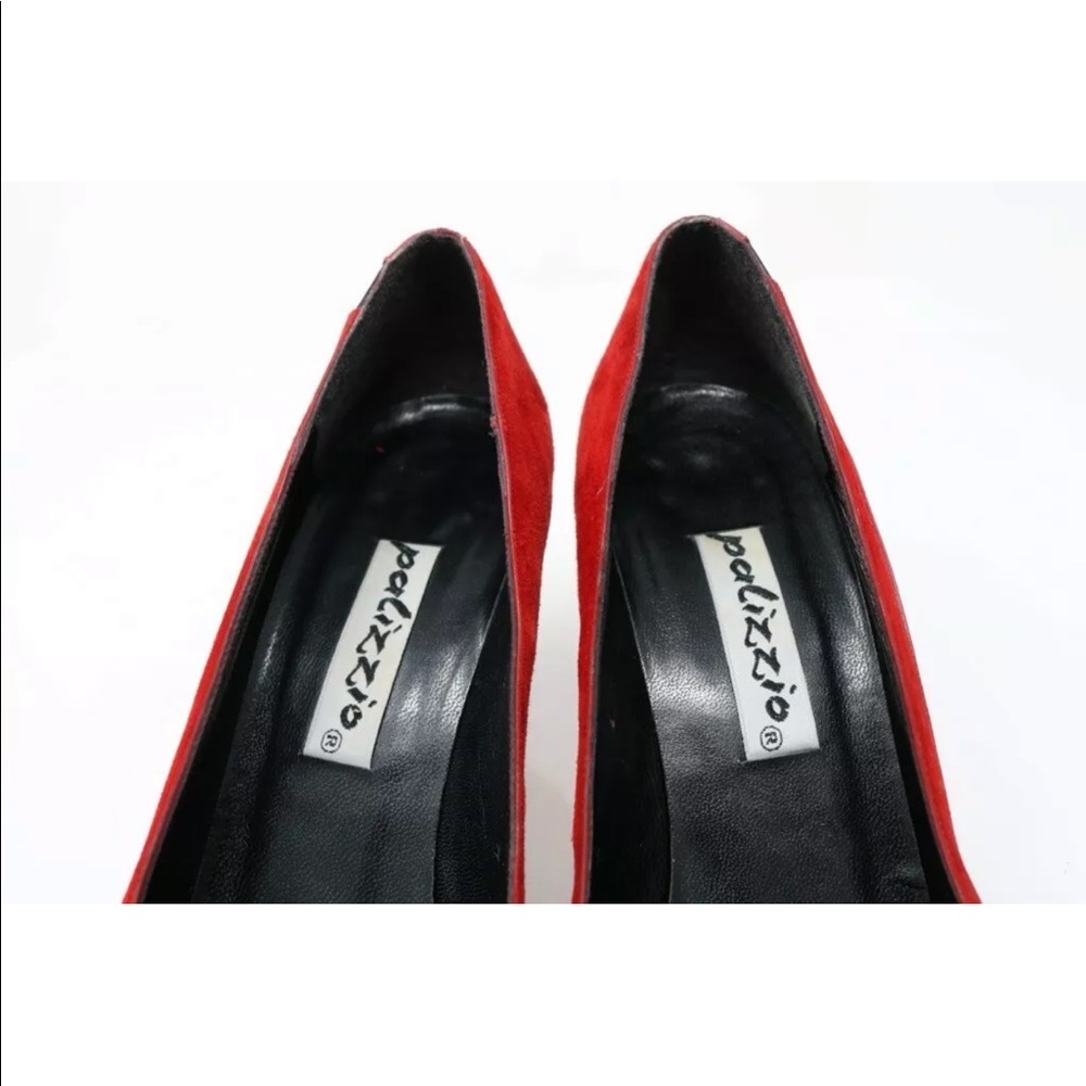 VTG Palizzio Italian Red Black Leather Suede Pointed Toe Low Kitten Heel Pump 9N - Picture 13 of 16